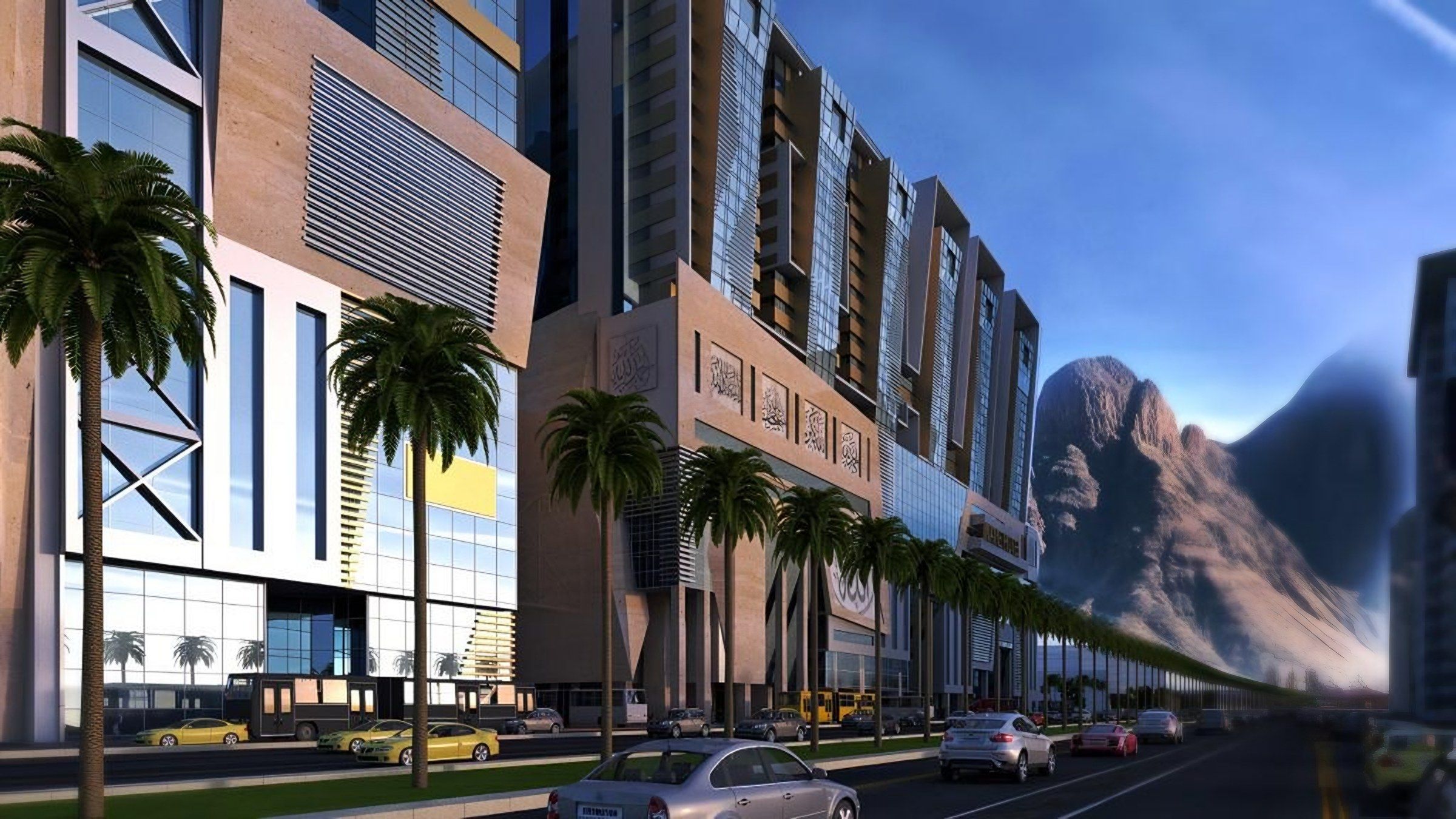 Rendering of the Al-Aziziyah Towers Complex in Makkah, with mountains behind